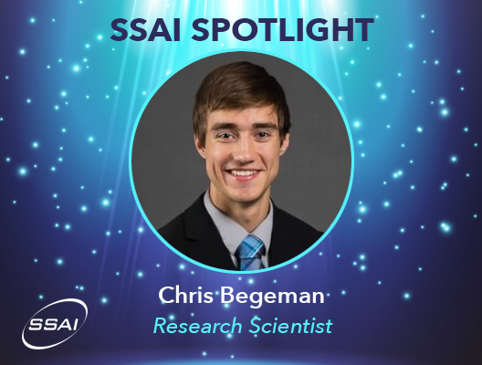 Headshot photo of Chris Begeman in a circular frame. His name and title, Research Scientist, appear below his picture with the SSAI logo in the left bottom corner. The words 